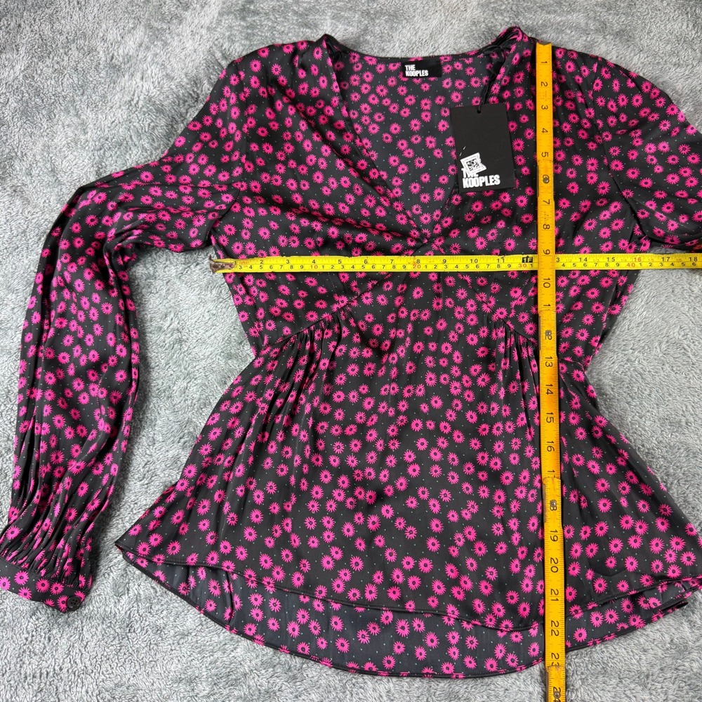 The Kooples Daisy Dots Peplum V-Neck Long Sleeve Blouse Top Black Pink Size L - Picture 2 of 8